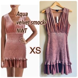 NWT XS Dark rose blush pink velvet smocked ruffle V neck empire waist scrunch